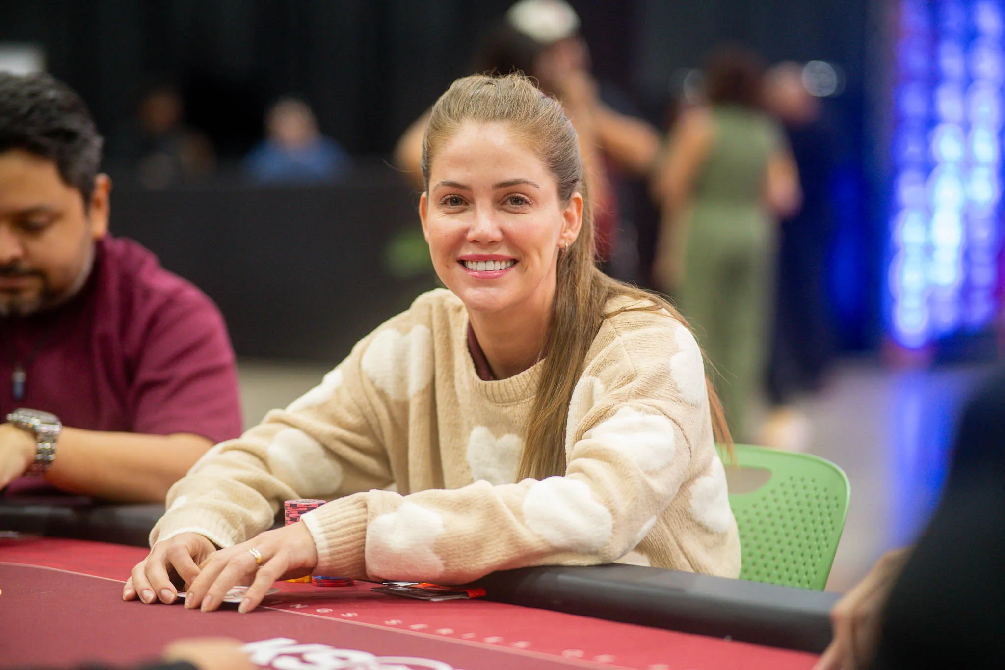 Poker table with stacks of chips and cards during a High Roller tournament at KSOP Circuit Amazônia