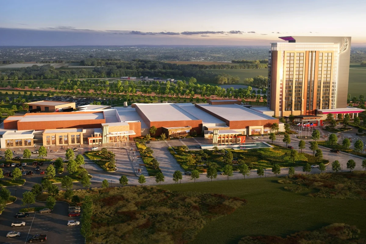 Exterior view of a modern casino resort with a prominent sign, or a vibrant casino gaming floor with slot machines