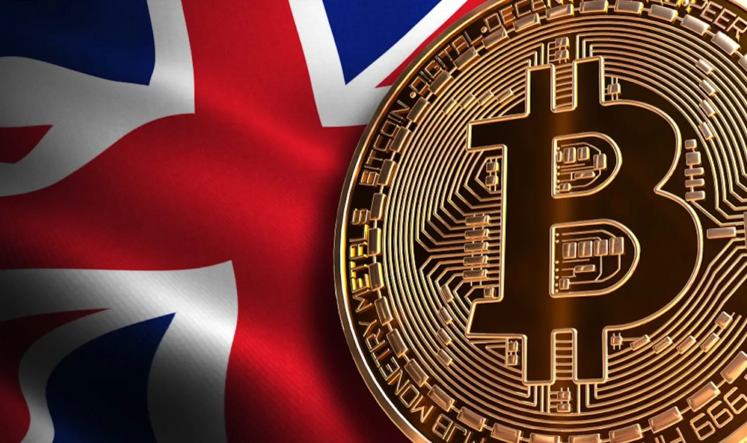 Graphic illustrating cryptocurrency symbols with a UK flag and a red sanction stamp.