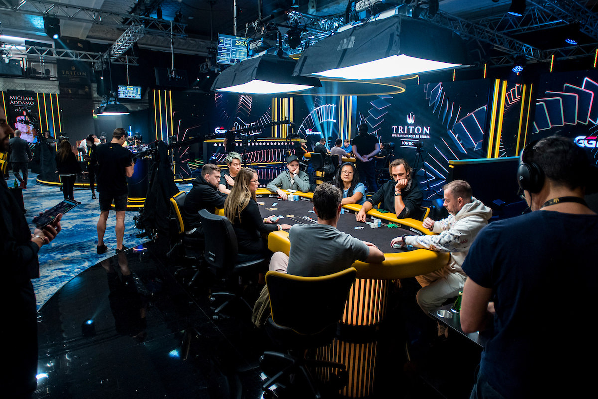 Poker chips and cards on a felt table during a Triton Poker Super High Roller Series event in Montenegro