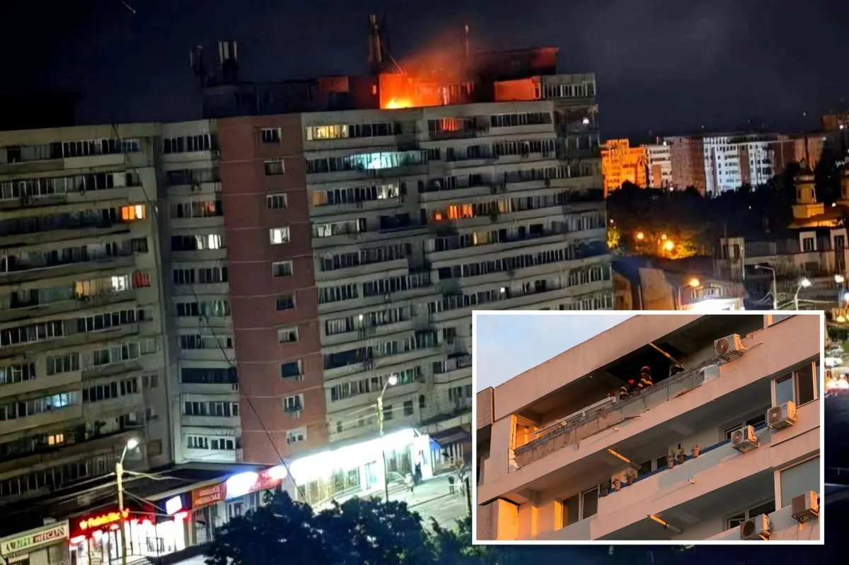 Exterior view of a damaged apartment building in Romania after a drone strike.