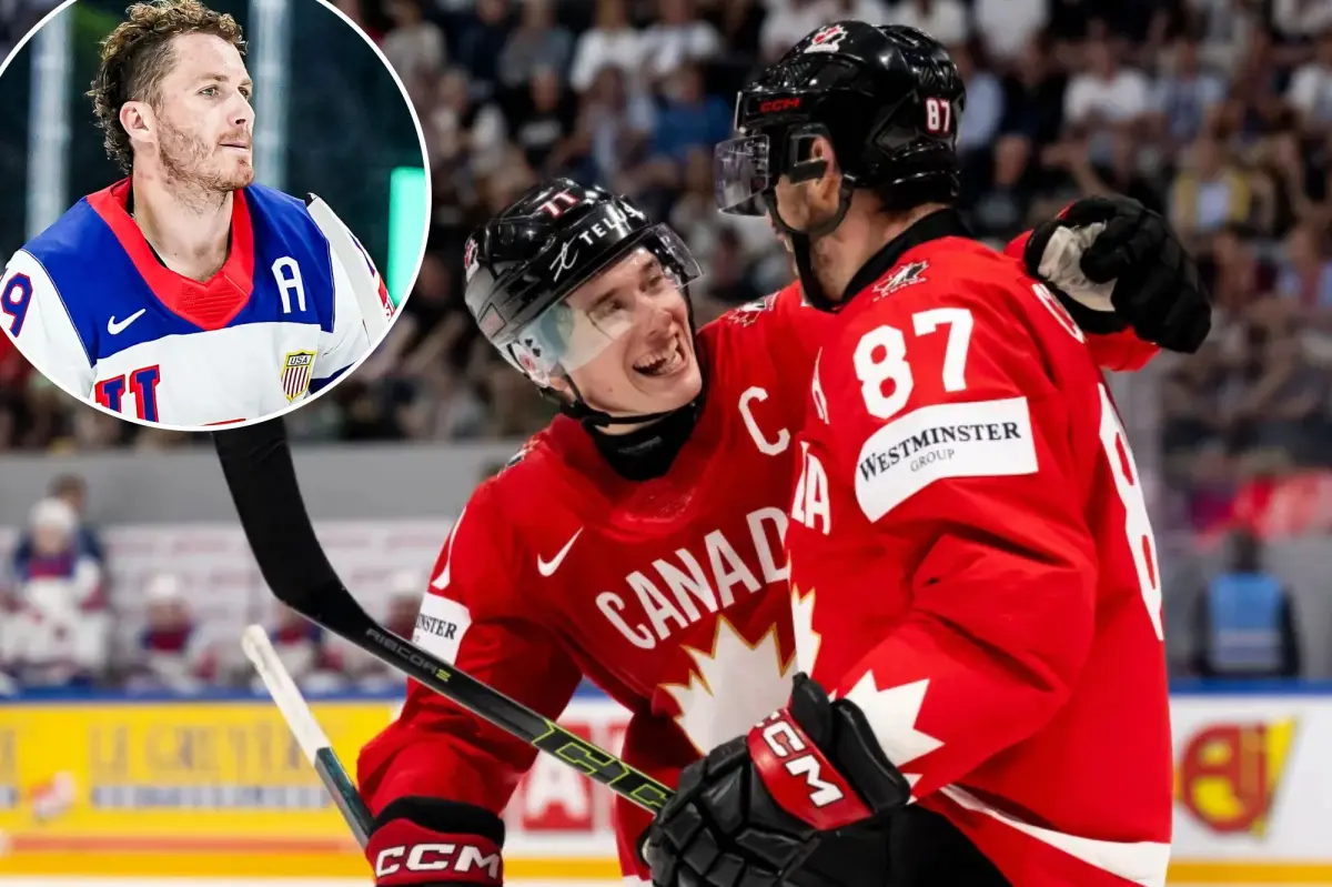 Players from Team Canada and Team USA compete during the IIHF World Championship quarterfinal match.