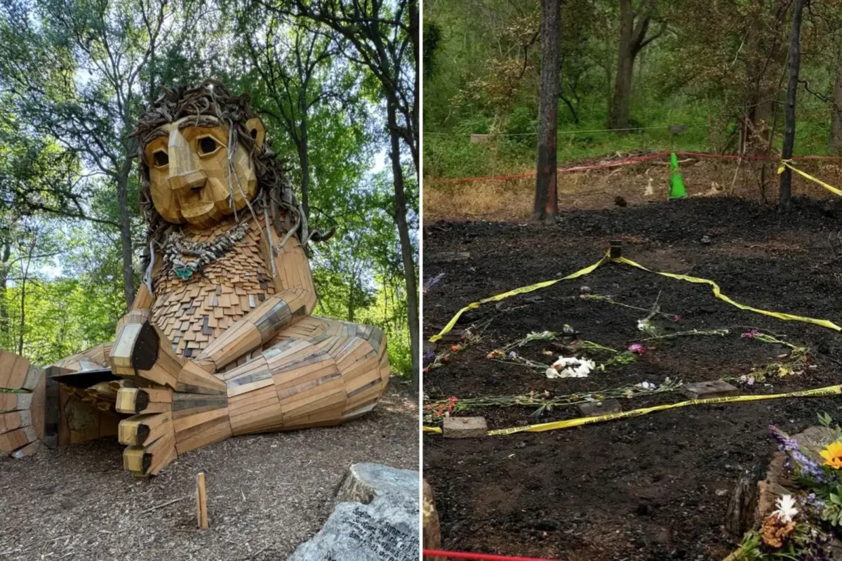 An 18-foot-tall wooden troll sculpture named "Malin's Fountain" standing in Pease Park, Austin, Texas.
