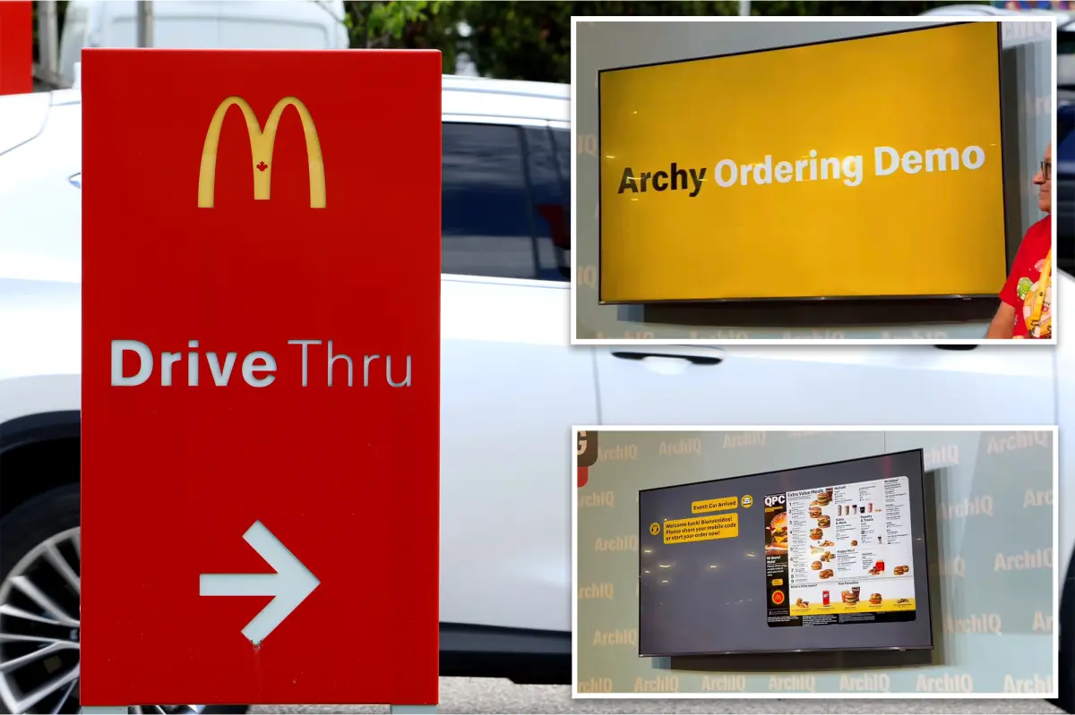 A conceptual image of a McDonald's drive-thru window with an AI interface displayed.