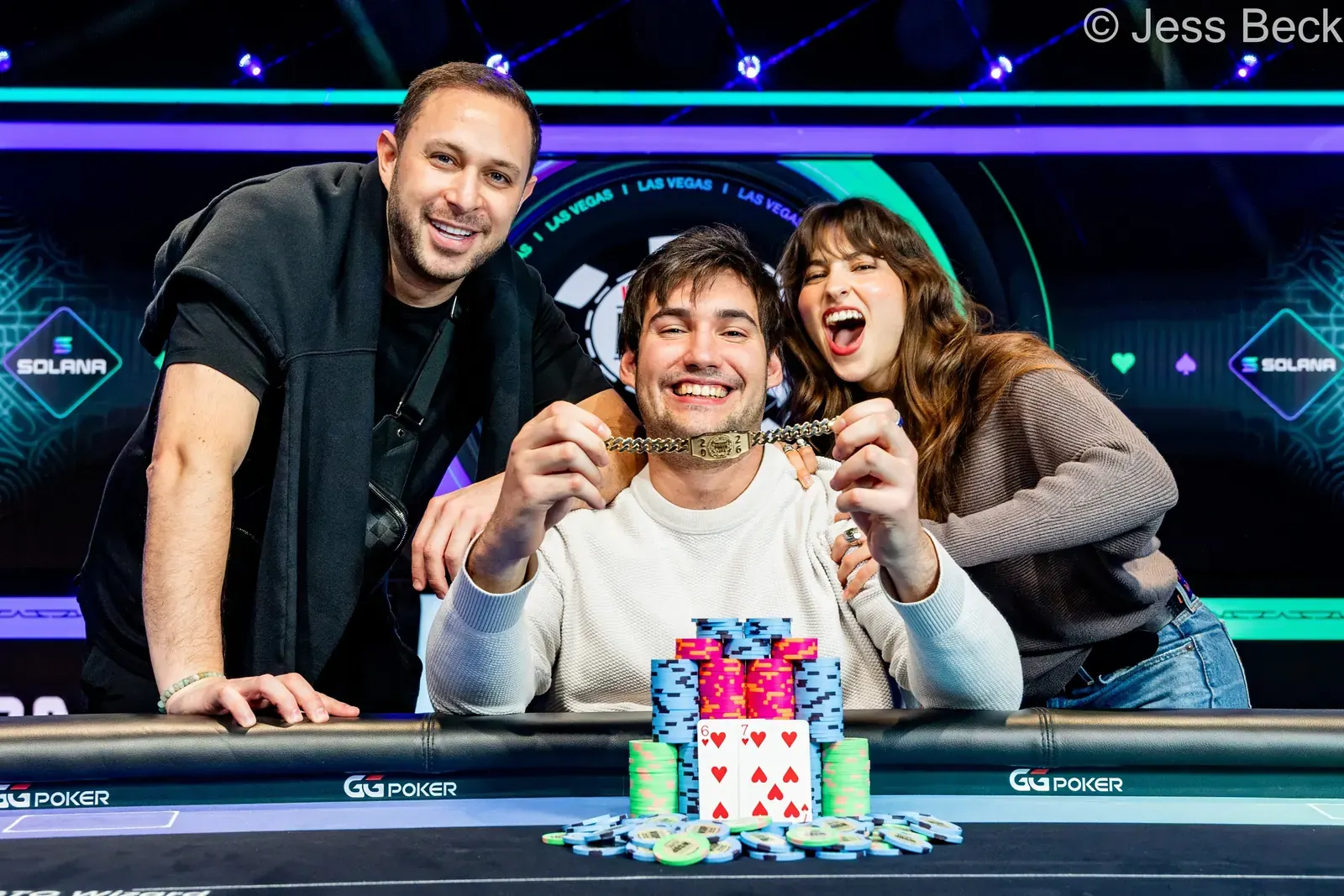 Alex Anton, winner of the WSOP $10,000 Mystery Bounty event, smiles with his bracelet.
