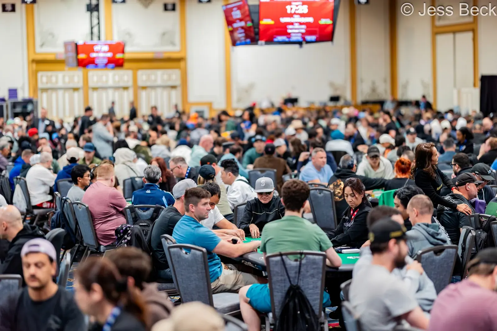 Professional poker players compete at a table during the 2026 World Series of Poker.