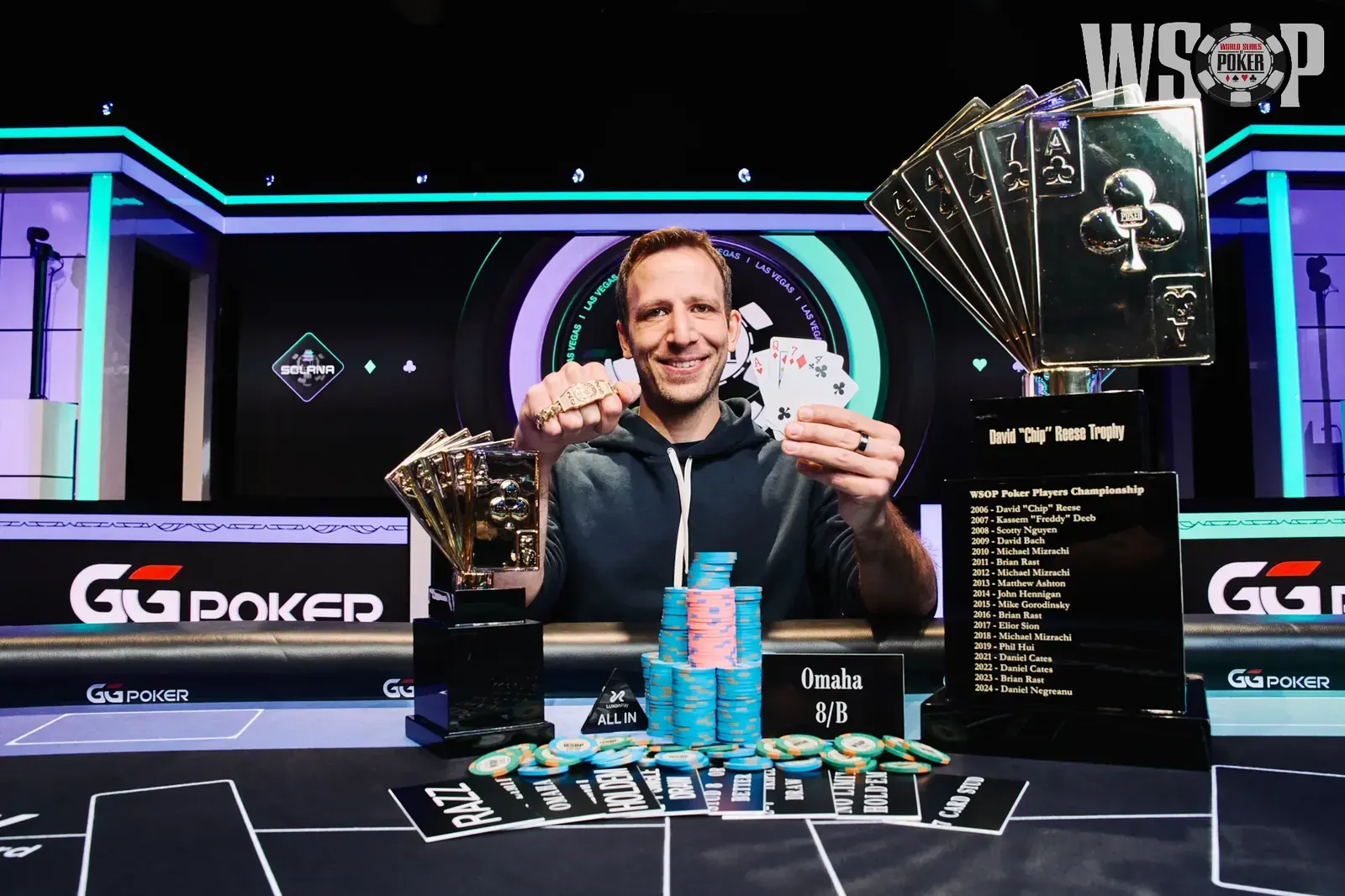 Benny Glaser holding his ninth World Series of Poker bracelet after winning the Poker Players Championship.