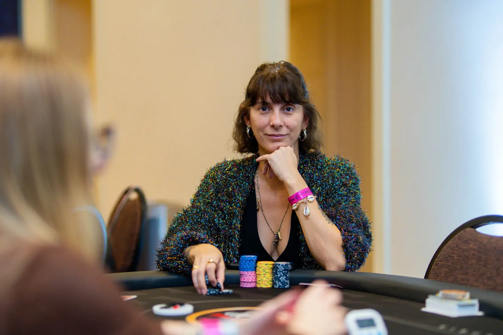 Miri Balen, a Brazilian poker player, in action at a World Series of Poker tournament.