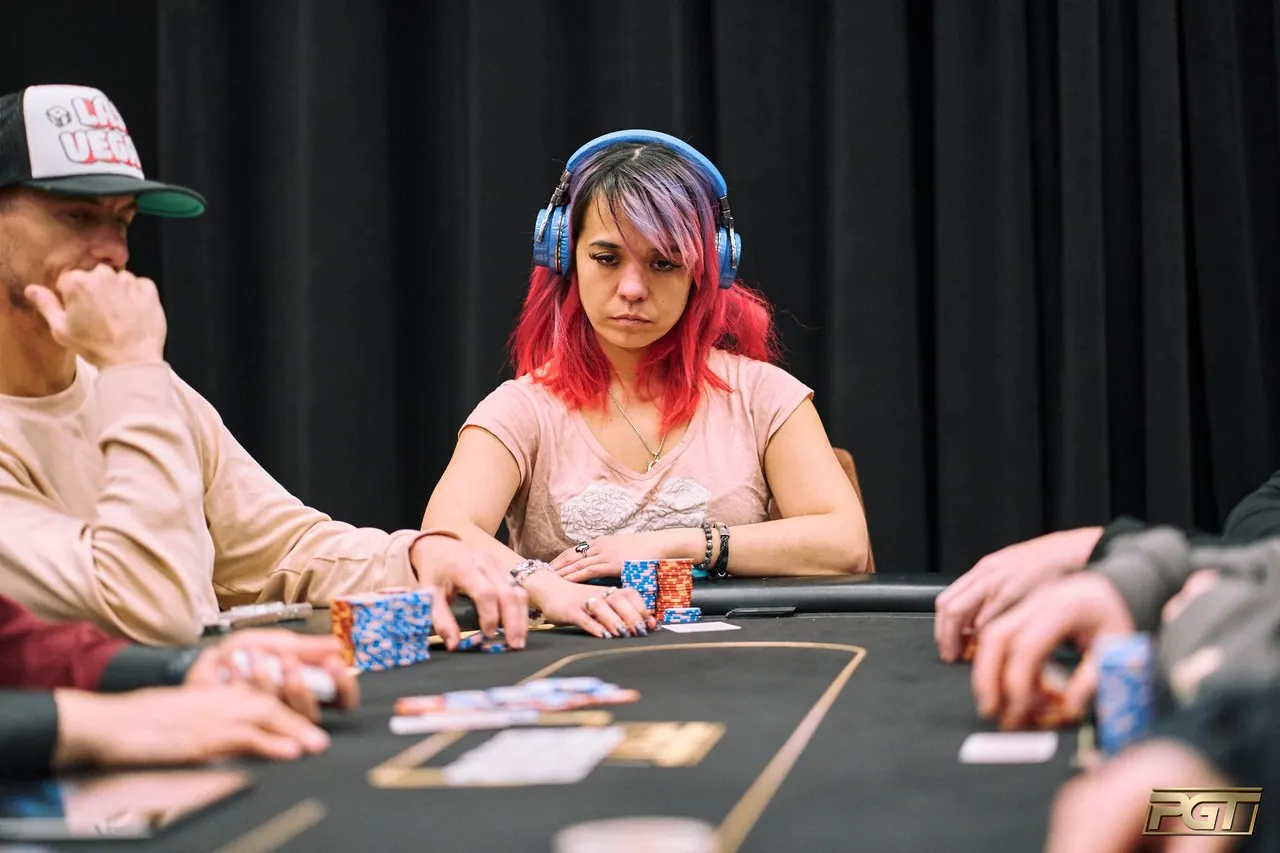 Poker players at a final table during a World Series of Poker event.