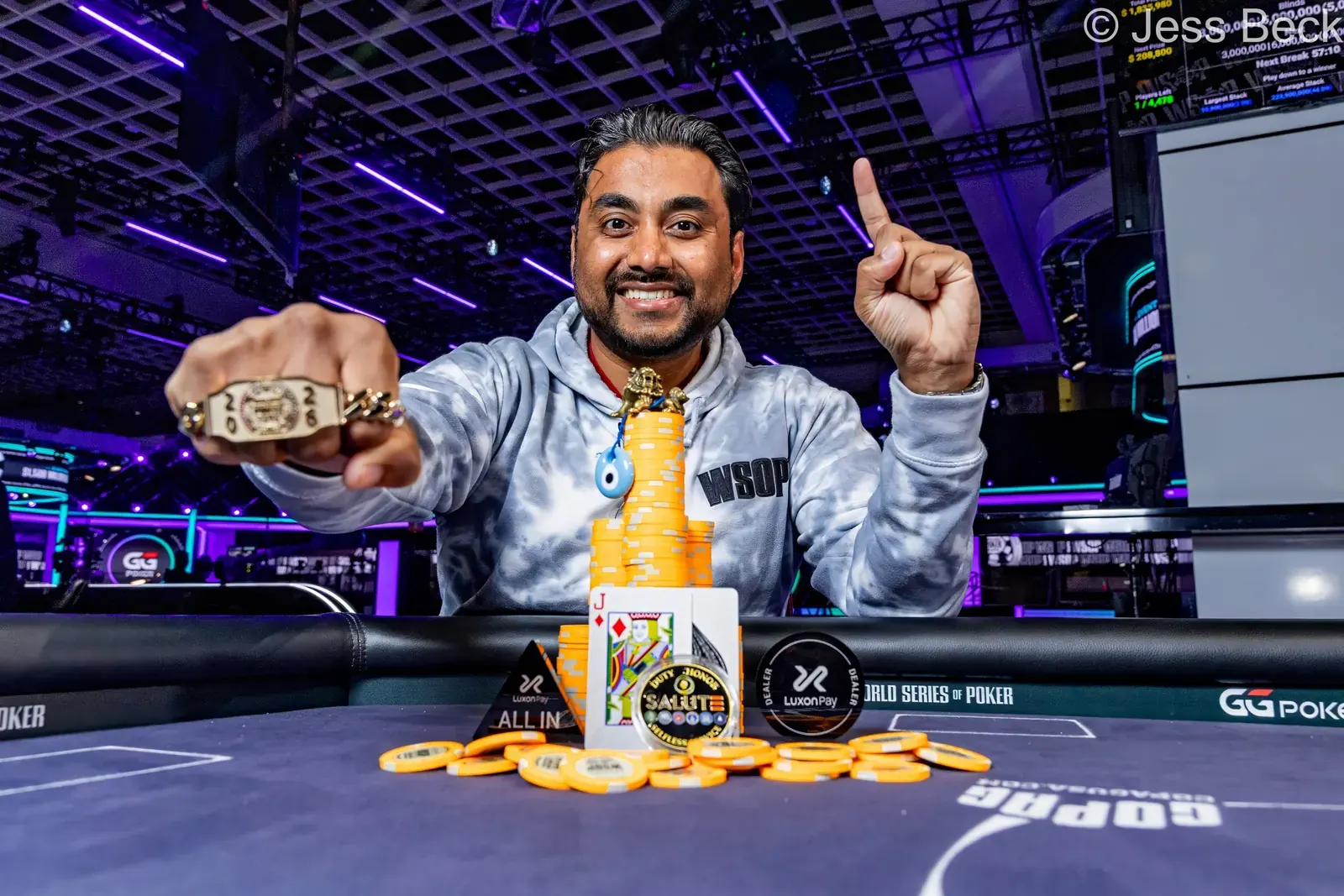 Prashanth Nataraj holding his World Series of Poker bracelet
