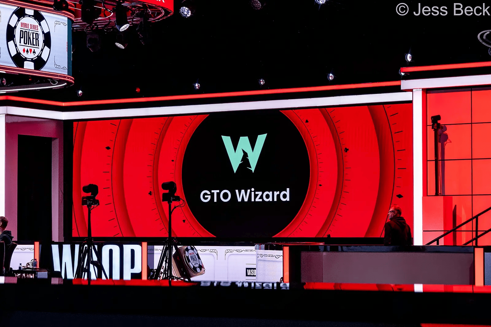 GTO Wizard branding visible on the main stage at the World Series of Poker