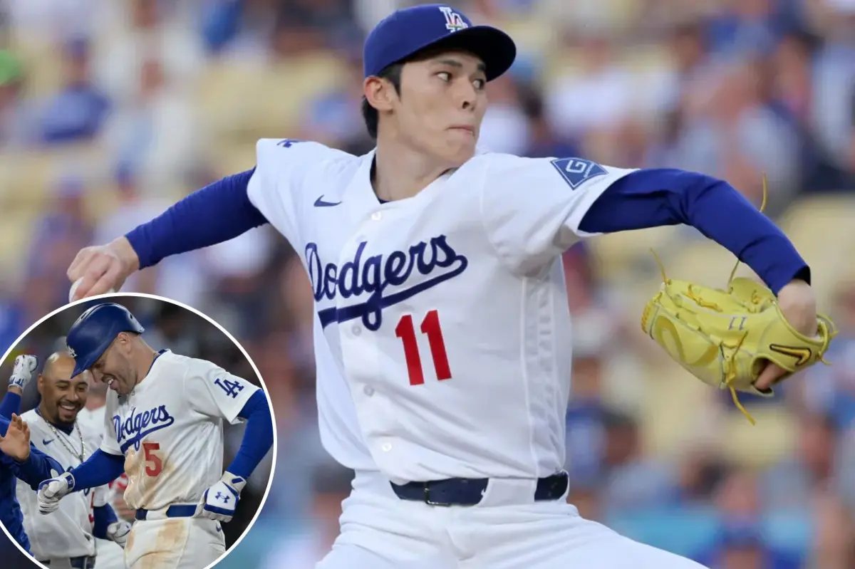 Baseball pitcher Roki Sasaki in a Los Angeles Dodgers uniform on the mound.