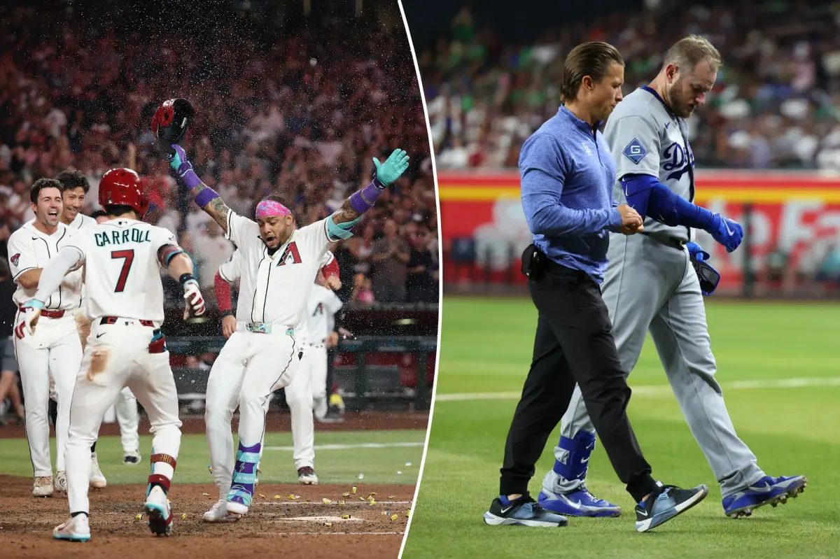 Baseball players in action during a game between the Los Angeles Dodgers and the Arizona Diamondbacks.