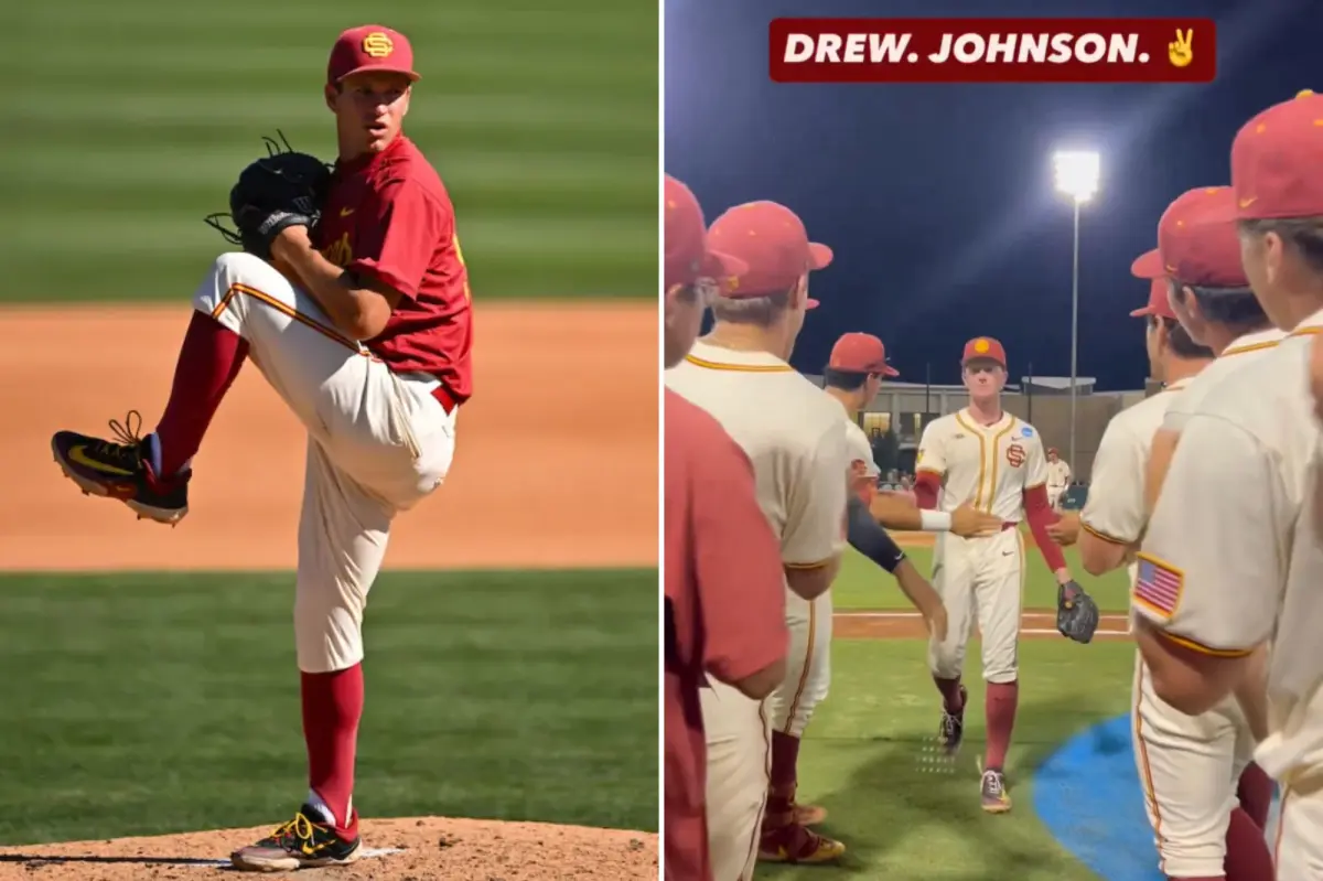 USC baseball players celebrating a victory on the field during an NCAA Tournament game.