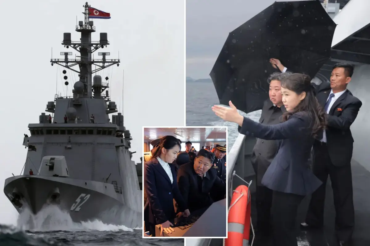 Kim Jong Un, accompanied by his daughter, standing on the deck of a large gray warship.