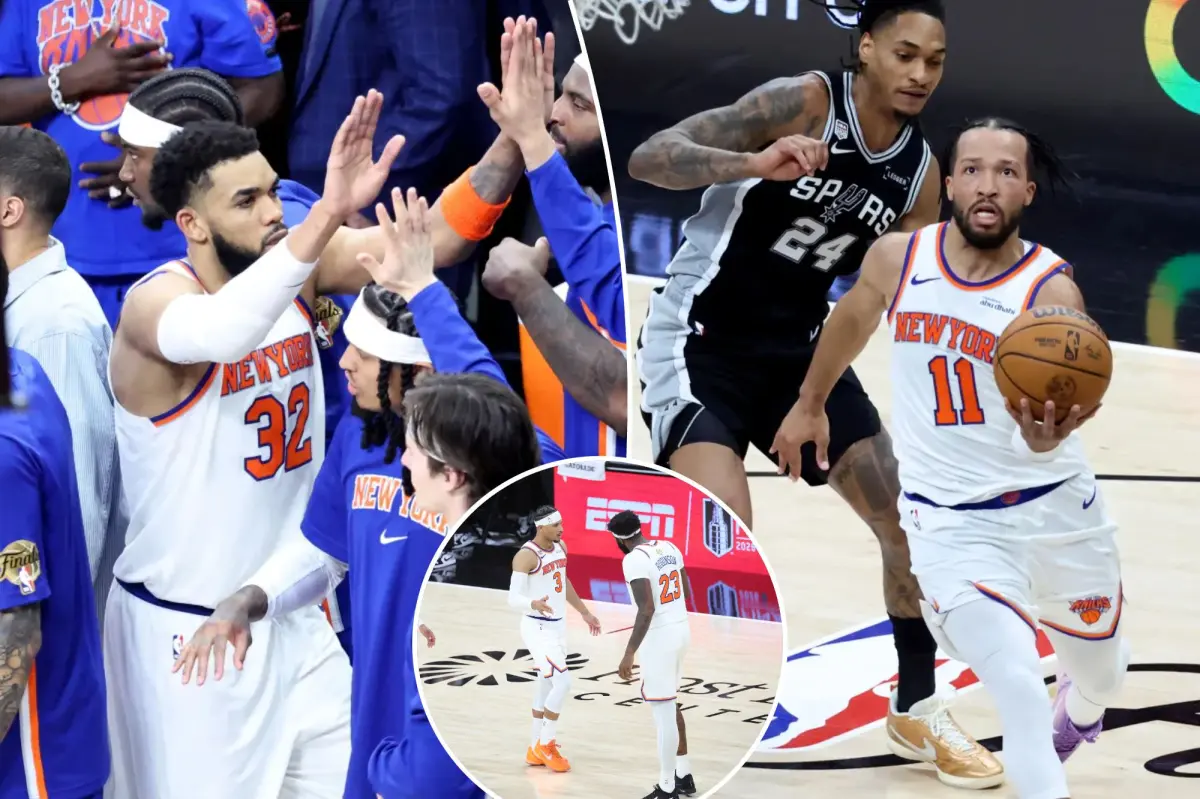 New York Knicks players celebrating a hard-fought victory on the basketball court during an NBA Finals game.