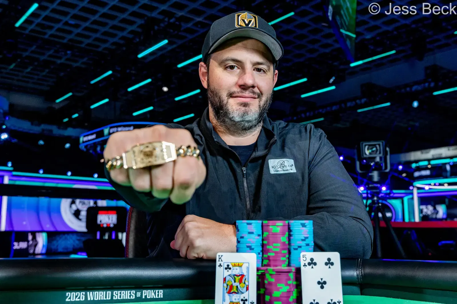 Markus Gonsalves, winner of the WSOP $5,000 6-Handed No-Limit Hold'em event, proudly displays his gold bracelet.
