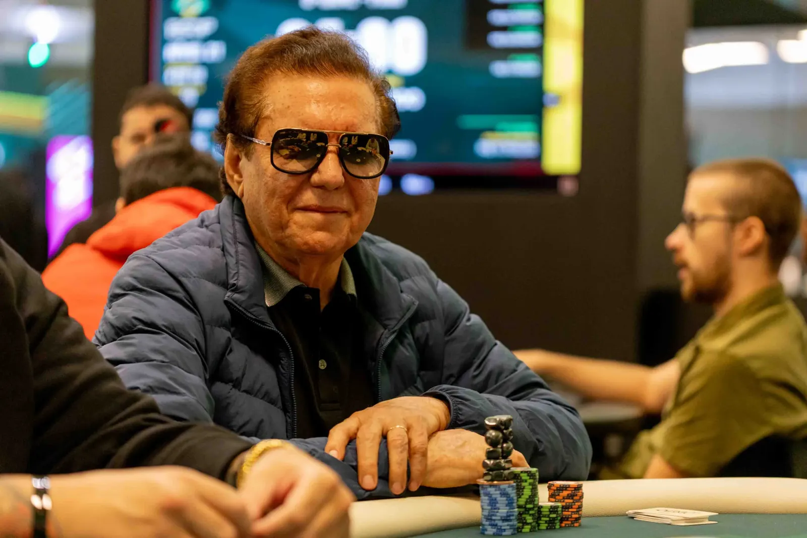 BSOP Winter Main Event final table setup with chips and cards, with tournament branding and chip count data visible.