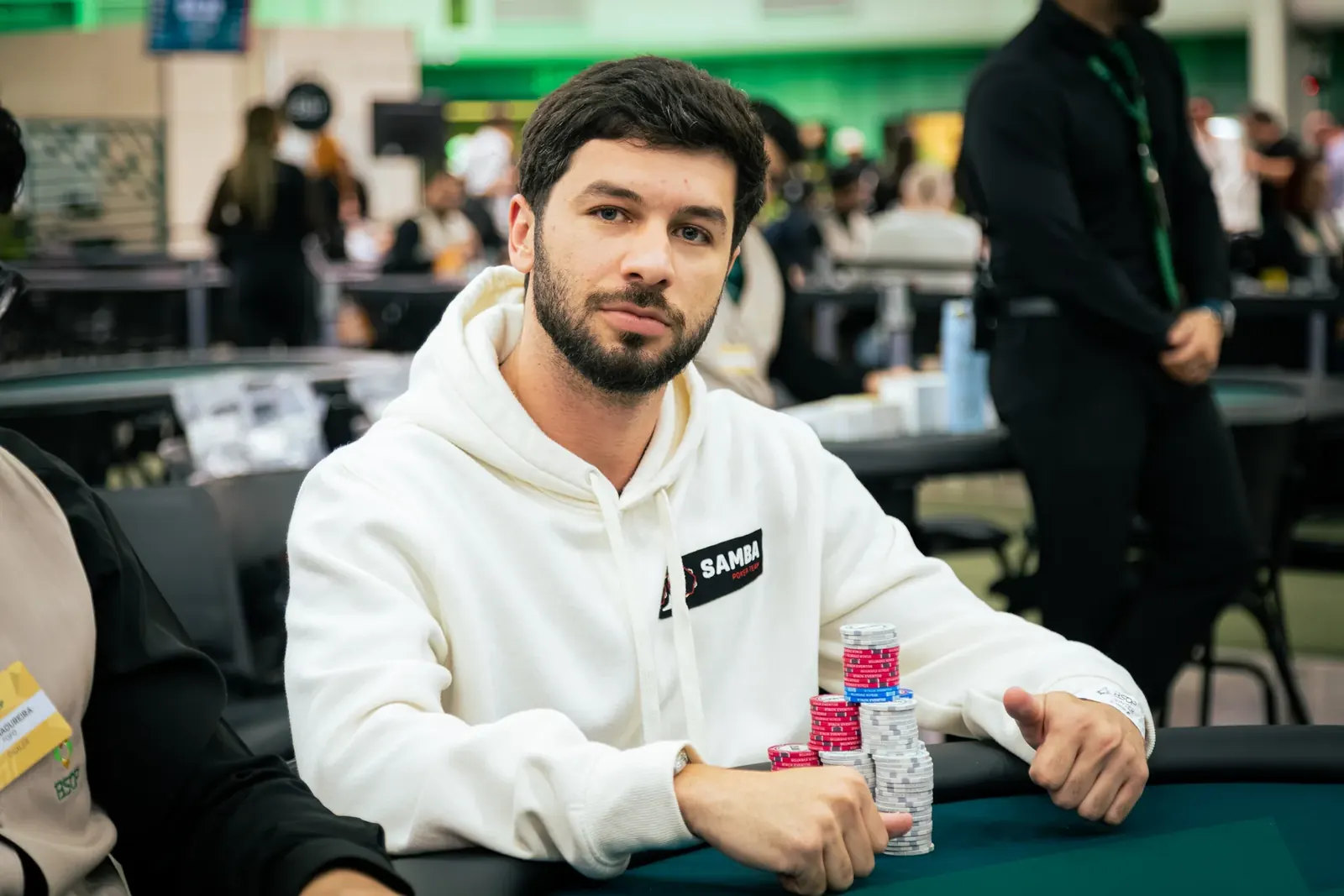 Bernardo Soares sitting at a poker table with a large stack of chips during the BSOP Winter Mini Championship final day