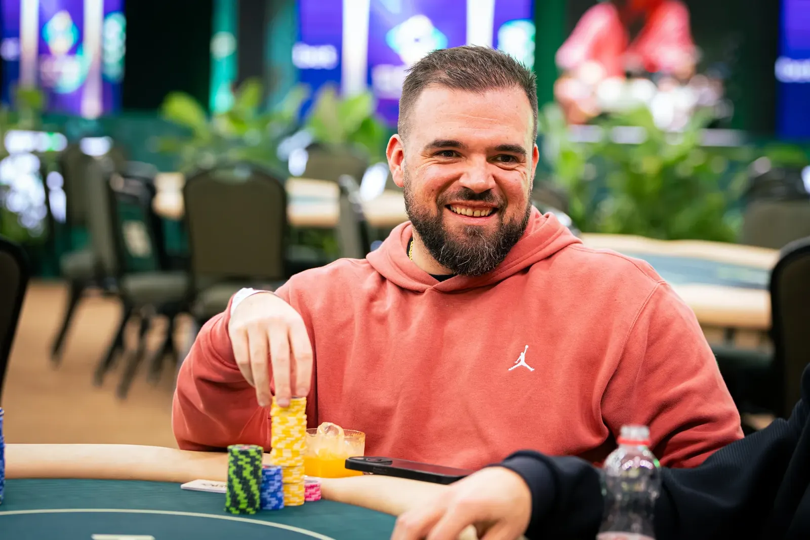Pedro Padilha at the BSOP Winter 2-Day High Roller table, holding a large stack of chips