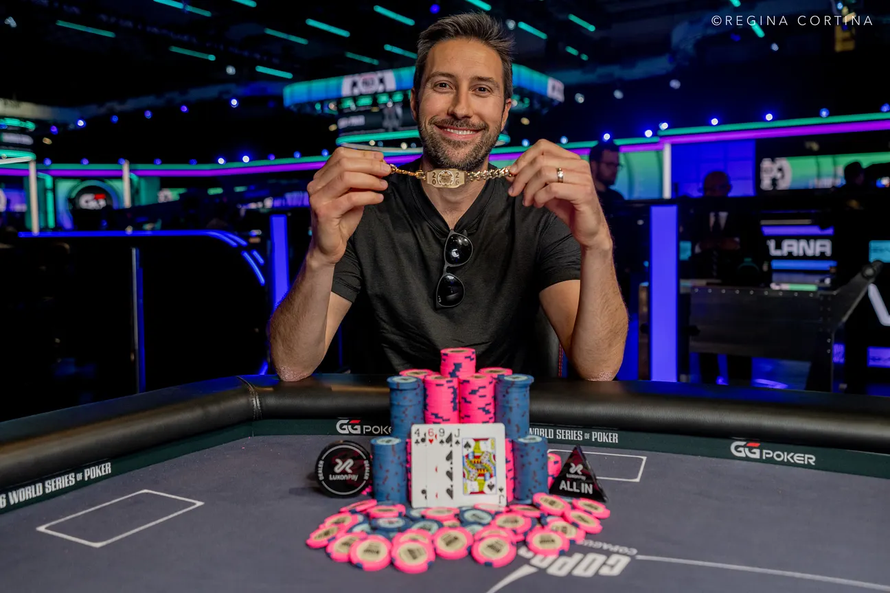 Players at a poker tournament final table during the World Series of Poker.