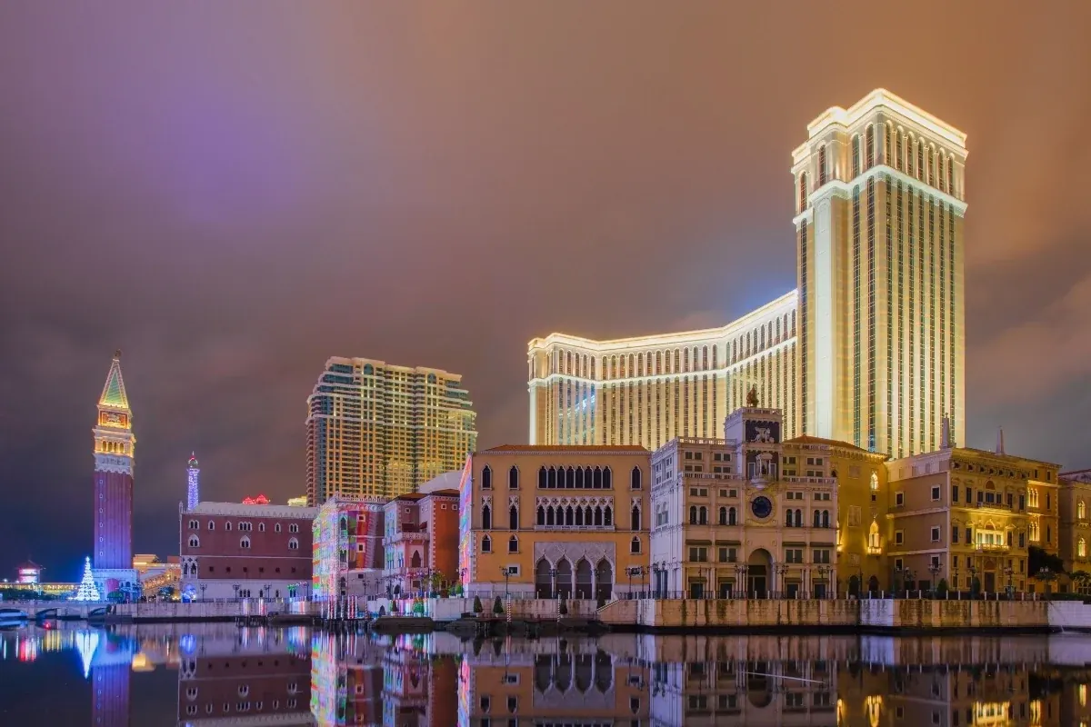 A nighttime view of the Macau skyline, highlighting numerous casino resorts.