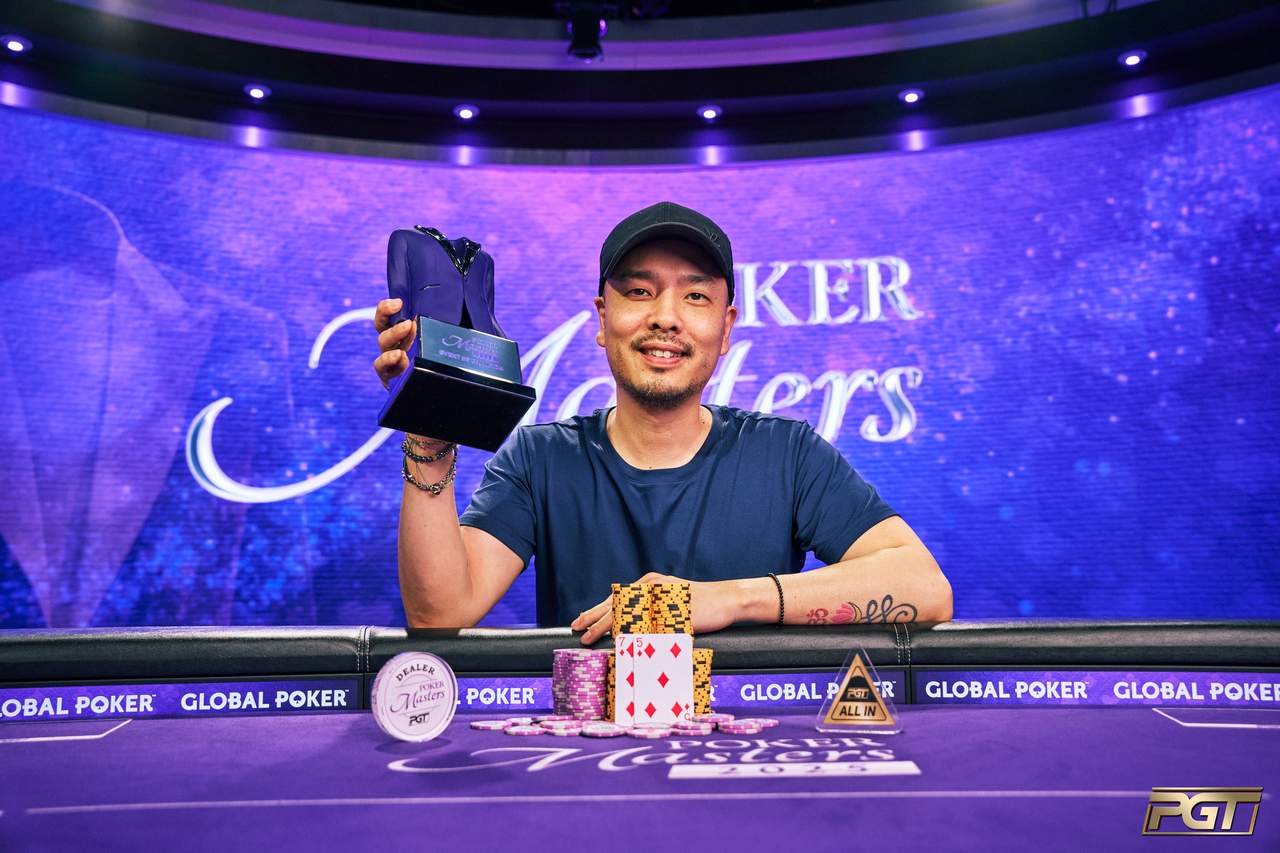 Poker Masters purple velvet jacket displayed on a podium at the PokerGO Studio in Las Vegas