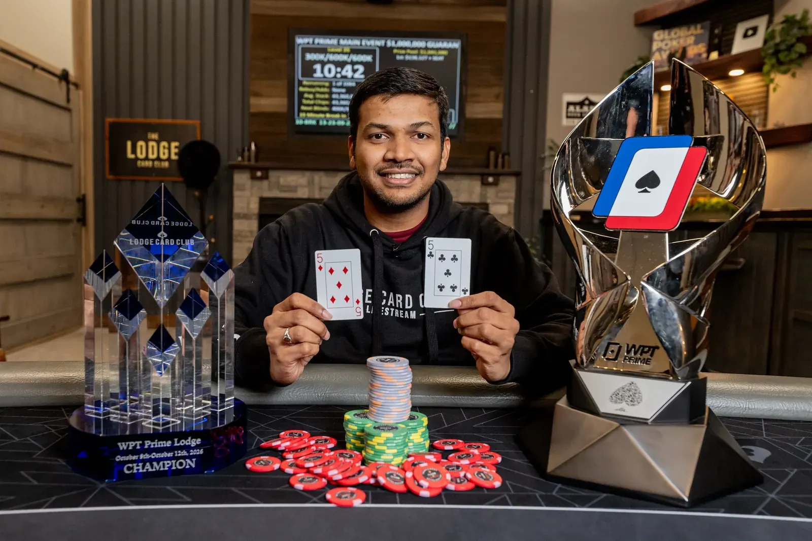 Shrikant Pillamarapu celebrates winning the WPT Prime Lodge Championship at The Lodge Card Club in Texas